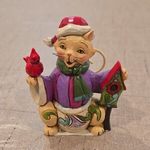 Jim Shore Mini Cat w/Cardinal & Birdhouse Figurine